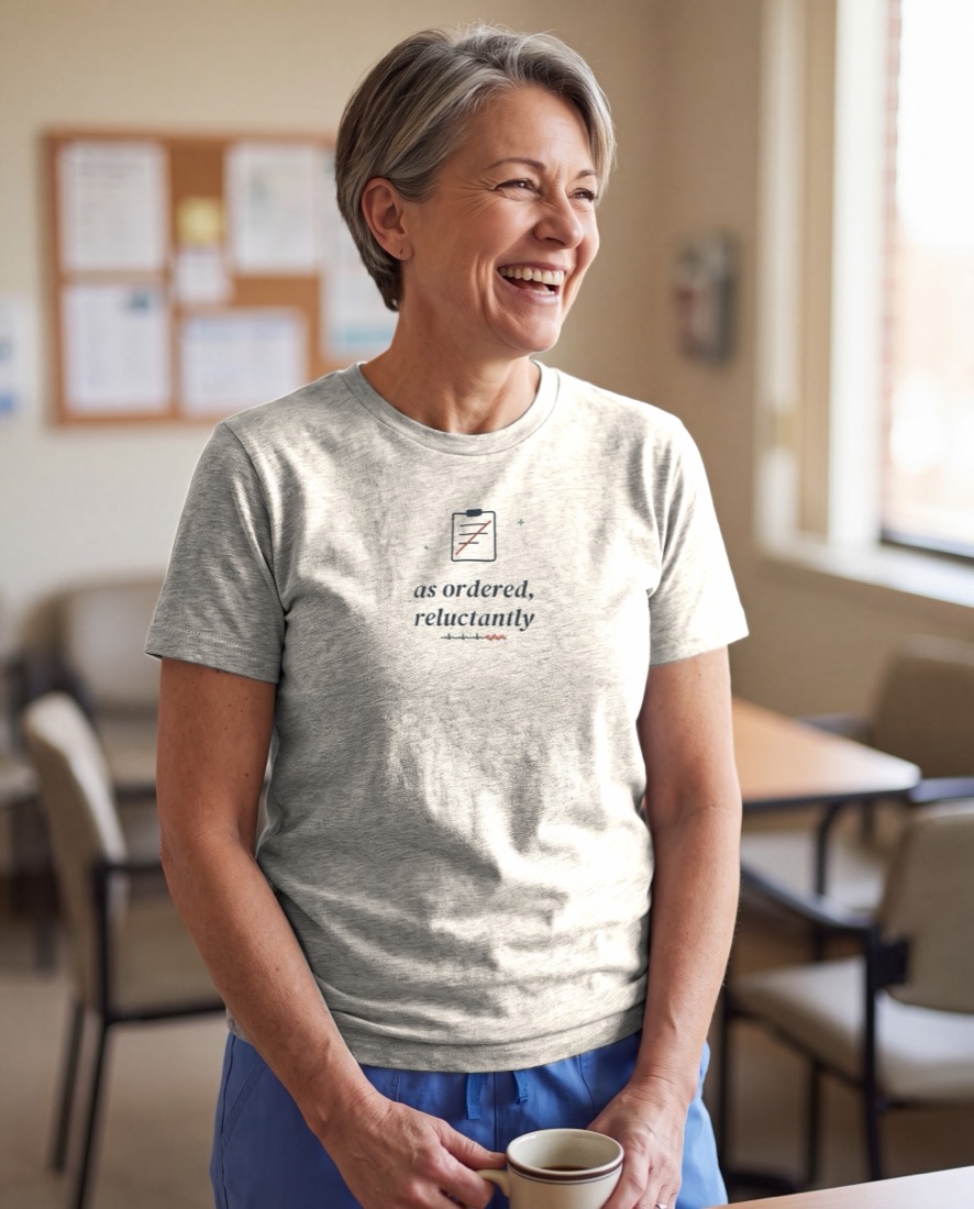 As Ordered, Reluctantly tee, worn candid on-body