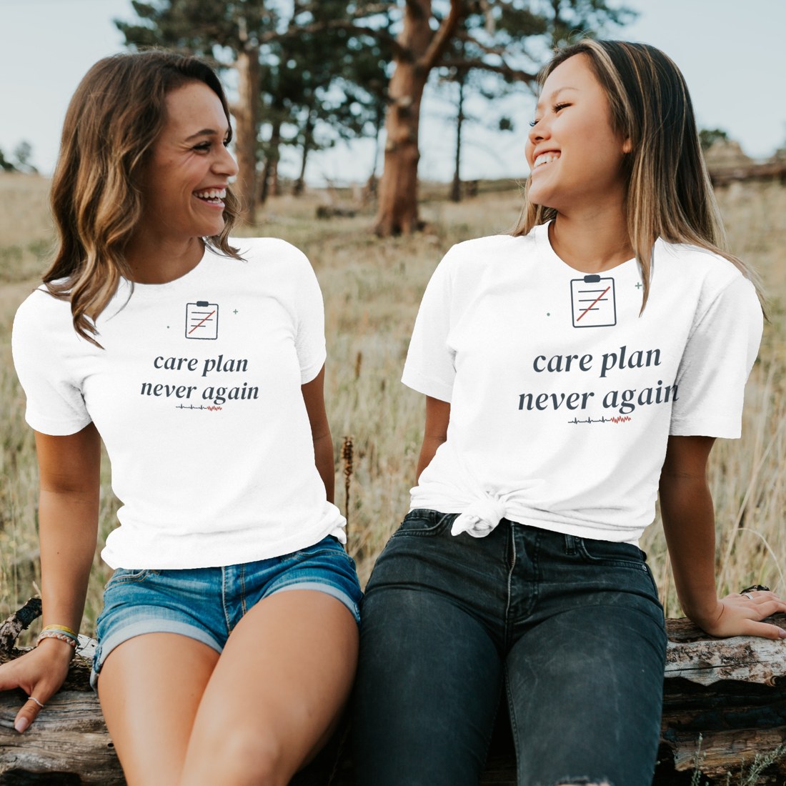 White tee reading “care plan, never again” in a clean folded corner shot